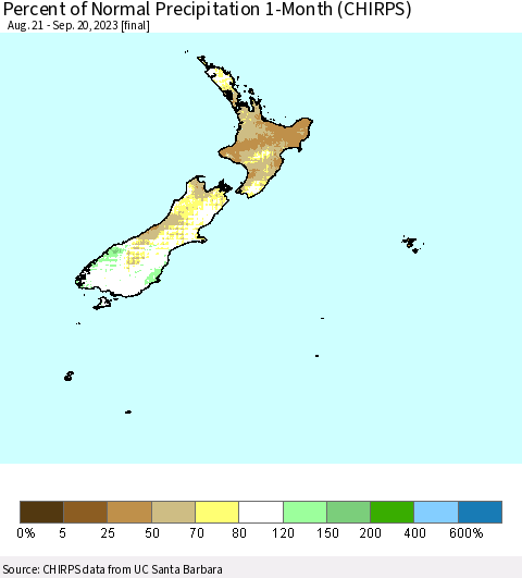 New Zealand Percent of Normal Precipitation 1-Month (CHIRPS) Thematic Map For 8/21/2023 - 9/20/2023