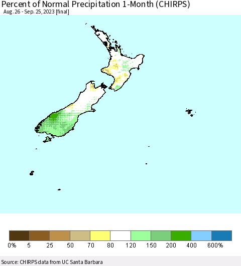 New Zealand Percent of Normal Precipitation 1-Month (CHIRPS) Thematic Map For 8/26/2023 - 9/25/2023