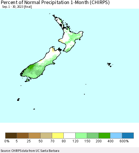 New Zealand Percent of Normal Precipitation 1-Month (CHIRPS) Thematic Map For 9/1/2023 - 9/30/2023