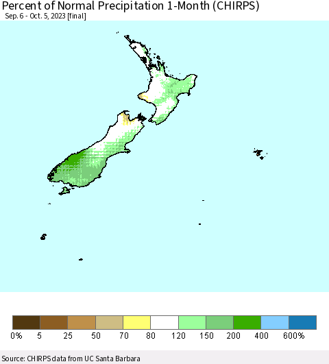 New Zealand Percent of Normal Precipitation 1-Month (CHIRPS) Thematic Map For 9/6/2023 - 10/5/2023