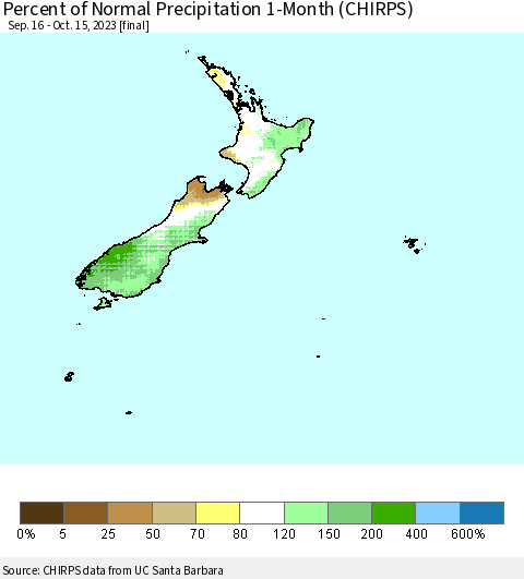 New Zealand Percent of Normal Precipitation 1-Month (CHIRPS) Thematic Map For 9/16/2023 - 10/15/2023