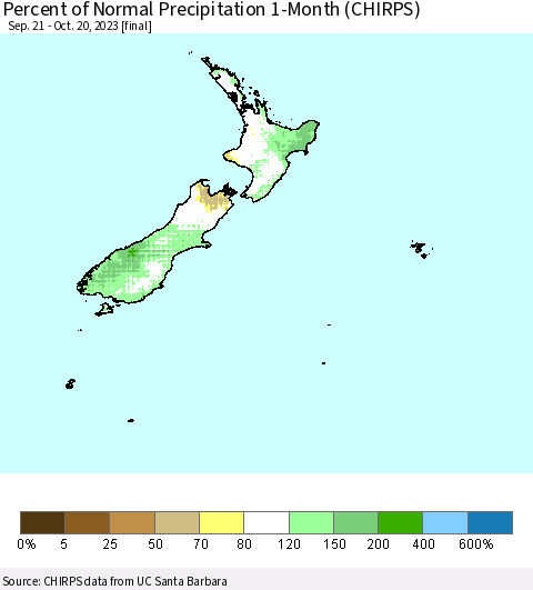New Zealand Percent of Normal Precipitation 1-Month (CHIRPS) Thematic Map For 9/21/2023 - 10/20/2023