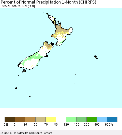New Zealand Percent of Normal Precipitation 1-Month (CHIRPS) Thematic Map For 9/26/2023 - 10/25/2023