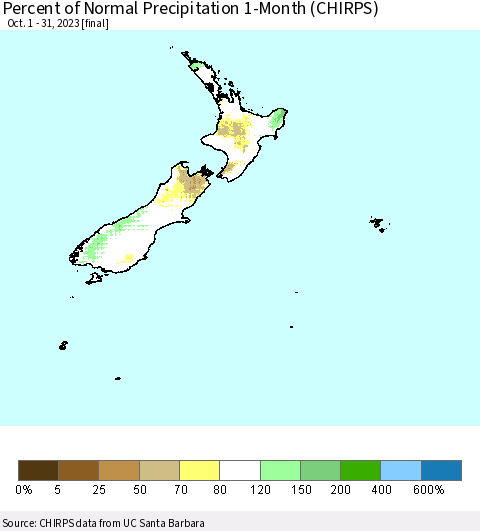 New Zealand Percent of Normal Precipitation 1-Month (CHIRPS) Thematic Map For 10/1/2023 - 10/31/2023
