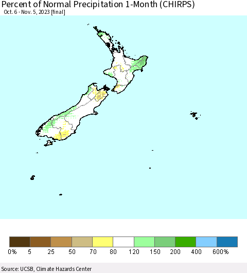 New Zealand Percent of Normal Precipitation 1-Month (CHIRPS) Thematic Map For 10/6/2023 - 11/5/2023