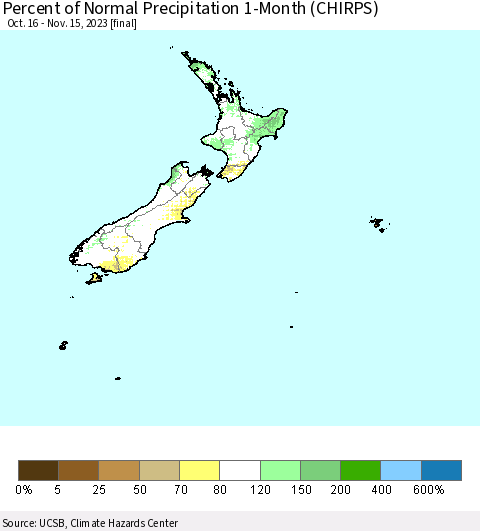 New Zealand Percent of Normal Precipitation 1-Month (CHIRPS) Thematic Map For 10/16/2023 - 11/15/2023