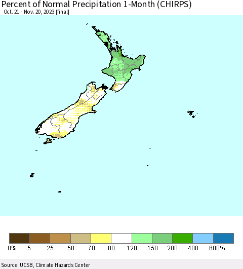 New Zealand Percent of Normal Precipitation 1-Month (CHIRPS) Thematic Map For 10/21/2023 - 11/20/2023