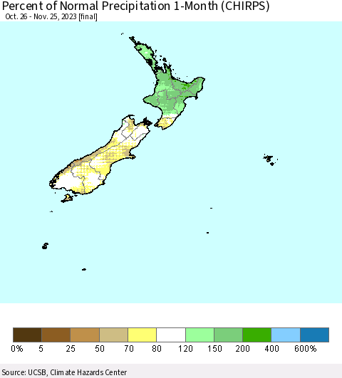 New Zealand Percent of Normal Precipitation 1-Month (CHIRPS) Thematic Map For 10/26/2023 - 11/25/2023