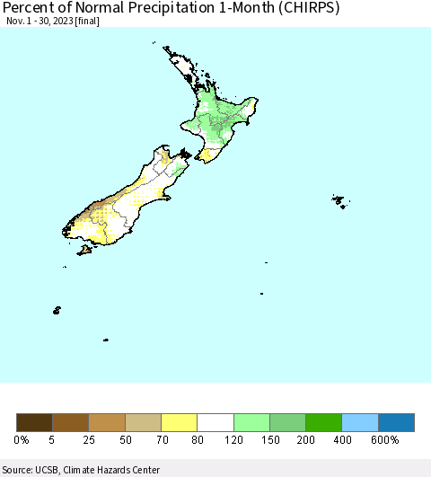 New Zealand Percent of Normal Precipitation 1-Month (CHIRPS) Thematic Map For 11/1/2023 - 11/30/2023