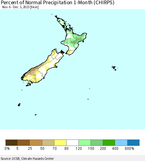 New Zealand Percent of Normal Precipitation 1-Month (CHIRPS) Thematic Map For 11/6/2023 - 12/5/2023