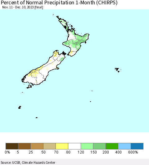 New Zealand Percent of Normal Precipitation 1-Month (CHIRPS) Thematic Map For 11/11/2023 - 12/10/2023