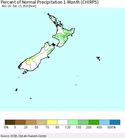 New Zealand Percent of Normal Precipitation 1-Month (CHIRPS) Thematic Map For 11/16/2023 - 12/15/2023
