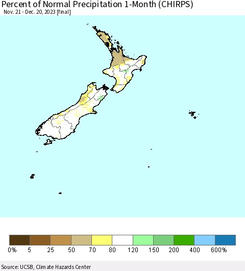 New Zealand Percent of Normal Precipitation 1-Month (CHIRPS) Thematic Map For 11/21/2023 - 12/20/2023