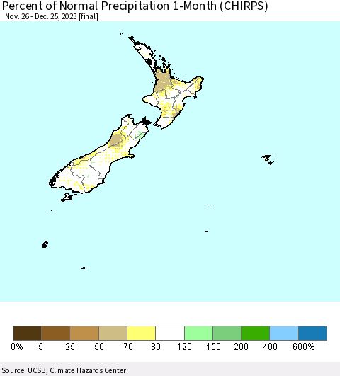 New Zealand Percent of Normal Precipitation 1-Month (CHIRPS) Thematic Map For 11/26/2023 - 12/25/2023