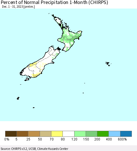 New Zealand Percent of Normal Precipitation 1-Month (CHIRPS) Thematic Map For 12/1/2023 - 12/31/2023
