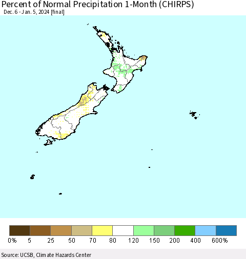 New Zealand Percent of Normal Precipitation 1-Month (CHIRPS) Thematic Map For 12/6/2023 - 1/5/2024