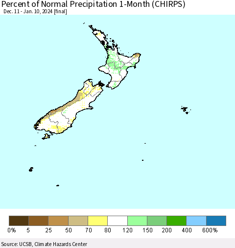 New Zealand Percent of Normal Precipitation 1-Month (CHIRPS) Thematic Map For 12/11/2023 - 1/10/2024