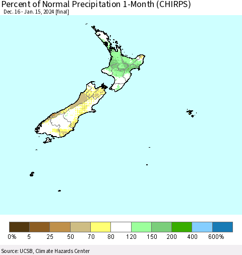 New Zealand Percent of Normal Precipitation 1-Month (CHIRPS) Thematic Map For 12/16/2023 - 1/15/2024