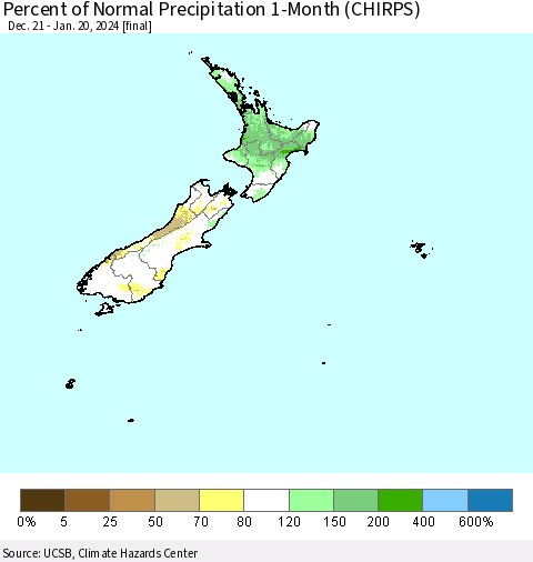 New Zealand Percent of Normal Precipitation 1-Month (CHIRPS) Thematic Map For 12/21/2023 - 1/20/2024