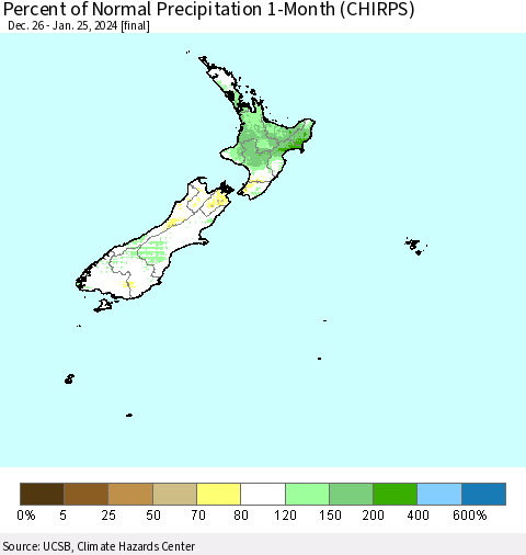 New Zealand Percent of Normal Precipitation 1-Month (CHIRPS) Thematic Map For 12/26/2023 - 1/25/2024