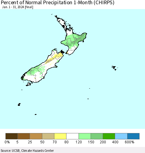 New Zealand Percent of Normal Precipitation 1-Month (CHIRPS) Thematic Map For 1/1/2024 - 1/31/2024