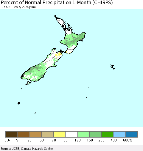 New Zealand Percent of Normal Precipitation 1-Month (CHIRPS) Thematic Map For 1/6/2024 - 2/5/2024