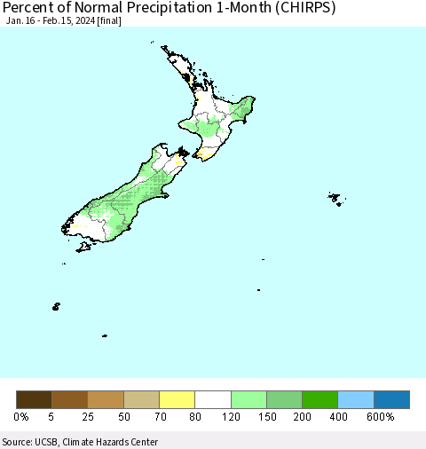 New Zealand Percent of Normal Precipitation 1-Month (CHIRPS) Thematic Map For 1/16/2024 - 2/15/2024