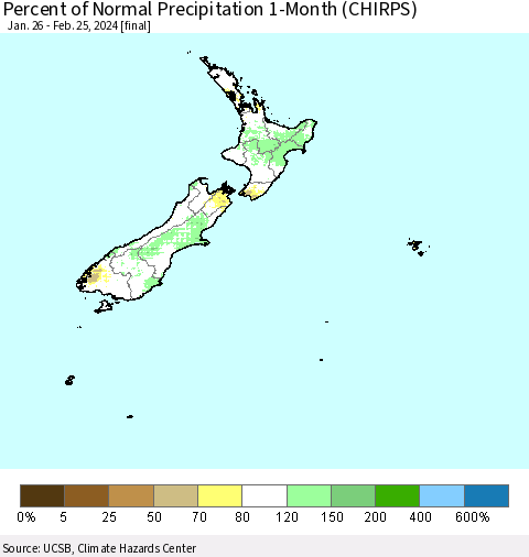New Zealand Percent of Normal Precipitation 1-Month (CHIRPS) Thematic Map For 1/26/2024 - 2/25/2024
