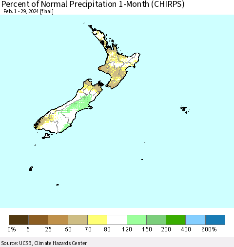 New Zealand Percent of Normal Precipitation 1-Month (CHIRPS) Thematic Map For 2/1/2024 - 2/29/2024