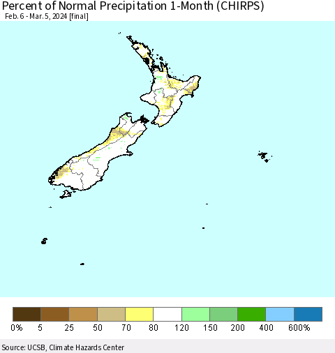 New Zealand Percent of Normal Precipitation 1-Month (CHIRPS) Thematic Map For 2/6/2024 - 3/5/2024