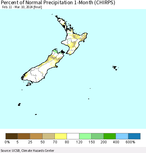 New Zealand Percent of Normal Precipitation 1-Month (CHIRPS) Thematic Map For 2/11/2024 - 3/10/2024