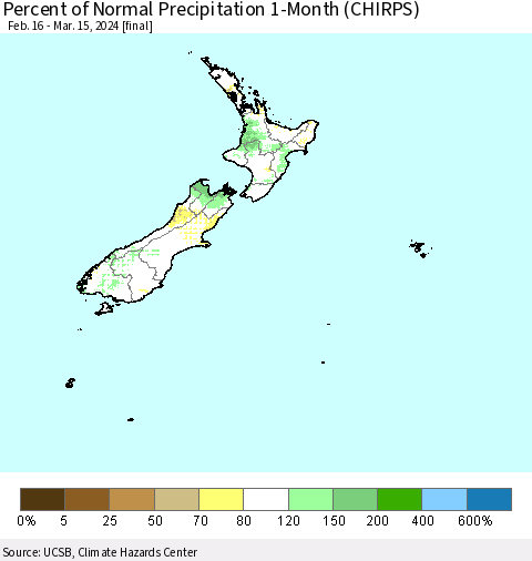 New Zealand Percent of Normal Precipitation 1-Month (CHIRPS) Thematic Map For 2/16/2024 - 3/15/2024