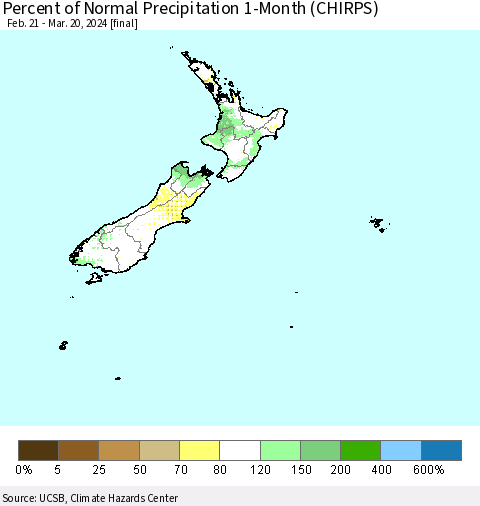 New Zealand Percent of Normal Precipitation 1-Month (CHIRPS) Thematic Map For 2/21/2024 - 3/20/2024