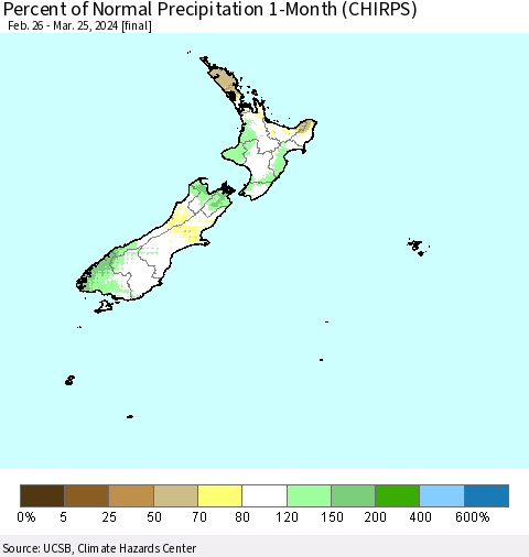 New Zealand Percent of Normal Precipitation 1-Month (CHIRPS) Thematic Map For 2/26/2024 - 3/25/2024
