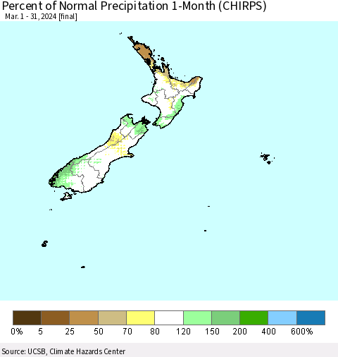 New Zealand Percent of Normal Precipitation 1-Month (CHIRPS) Thematic Map For 3/1/2024 - 3/31/2024