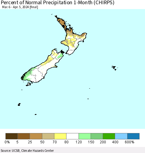 New Zealand Percent of Normal Precipitation 1-Month (CHIRPS) Thematic Map For 3/6/2024 - 4/5/2024
