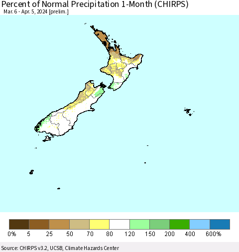 New Zealand Percent of Normal Precipitation 1-Month (CHIRPS) Thematic Map For 3/6/2024 - 4/5/2024