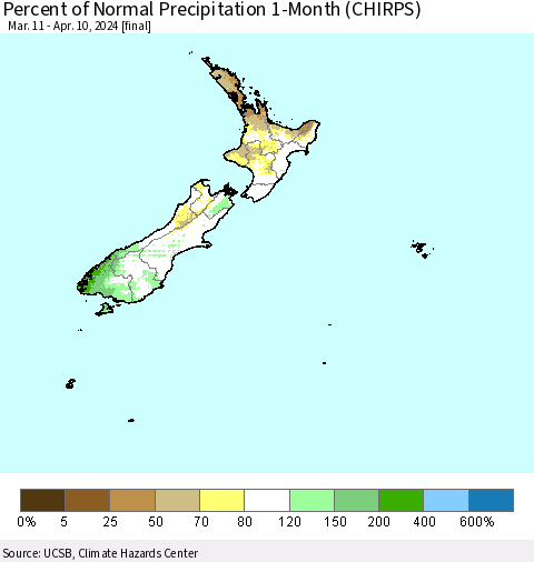 New Zealand Percent of Normal Precipitation 1-Month (CHIRPS) Thematic Map For 3/11/2024 - 4/10/2024