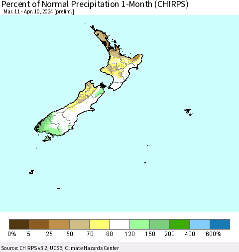 New Zealand Percent of Normal Precipitation 1-Month (CHIRPS) Thematic Map For 3/11/2024 - 4/10/2024