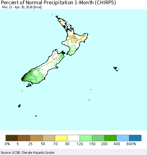 New Zealand Percent of Normal Precipitation 1-Month (CHIRPS) Thematic Map For 3/21/2024 - 4/20/2024