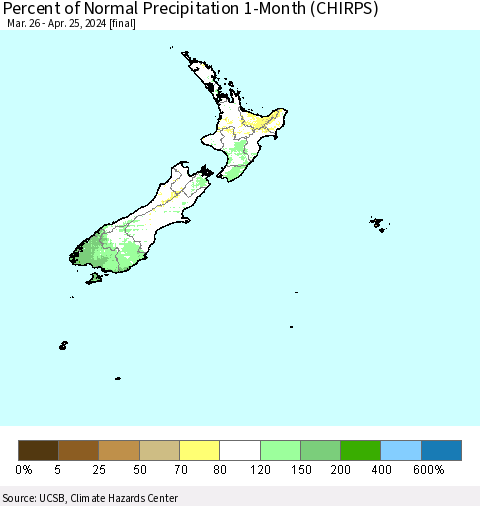 New Zealand Percent of Normal Precipitation 1-Month (CHIRPS) Thematic Map For 3/26/2024 - 4/25/2024