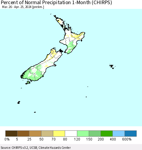 New Zealand Percent of Normal Precipitation 1-Month (CHIRPS) Thematic Map For 3/26/2024 - 4/25/2024