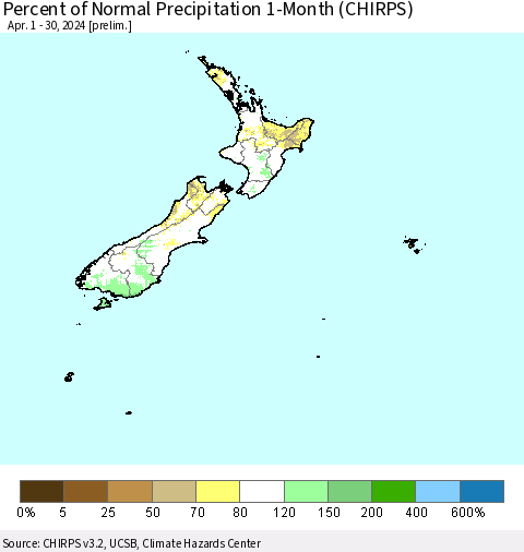 New Zealand Percent of Normal Precipitation 1-Month (CHIRPS) Thematic Map For 4/1/2024 - 4/30/2024