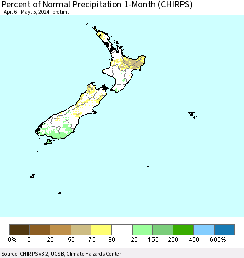 New Zealand Percent of Normal Precipitation 1-Month (CHIRPS) Thematic Map For 4/6/2024 - 5/5/2024
