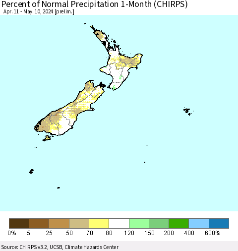 New Zealand Percent of Normal Precipitation 1-Month (CHIRPS) Thematic Map For 4/11/2024 - 5/10/2024