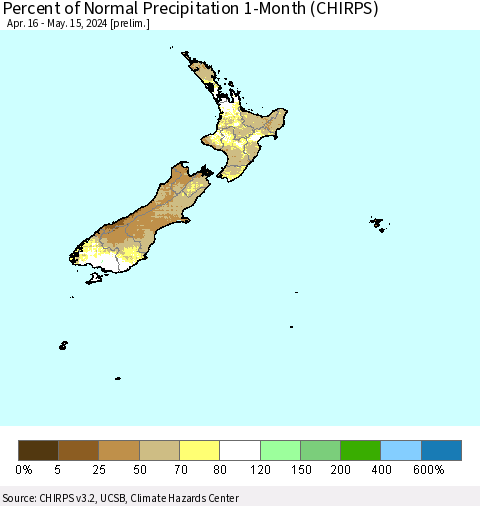 New Zealand Percent of Normal Precipitation 1-Month (CHIRPS) Thematic Map For 4/16/2024 - 5/15/2024
