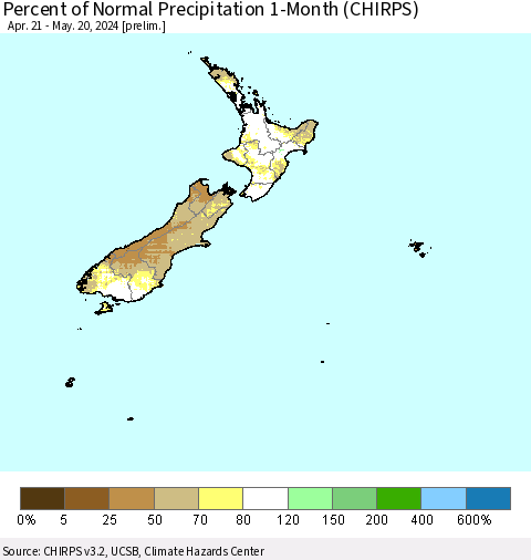 New Zealand Percent of Normal Precipitation 1-Month (CHIRPS) Thematic Map For 4/21/2024 - 5/20/2024