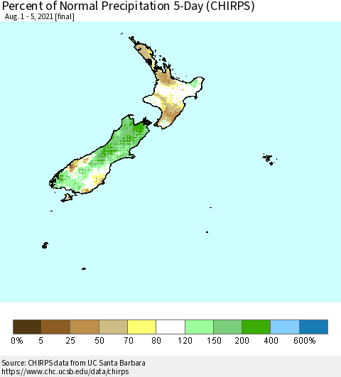 New Zealand Percent of Normal Precipitation 5-Day (CHIRPS) Thematic Map For 8/1/2021 - 8/5/2021