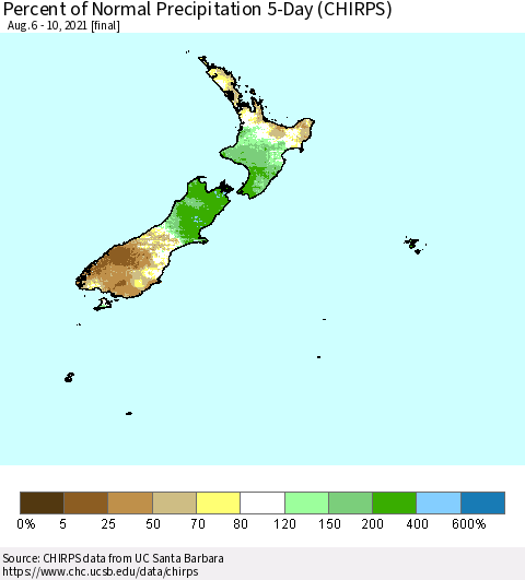 New Zealand Percent of Normal Precipitation 5-Day (CHIRPS) Thematic Map For 8/6/2021 - 8/10/2021