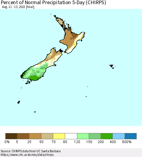 New Zealand Percent of Normal Precipitation 5-Day (CHIRPS) Thematic Map For 8/11/2021 - 8/15/2021